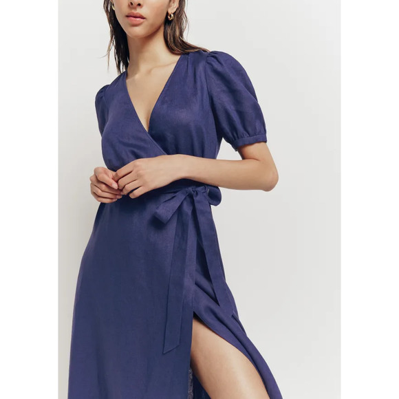 NWT Reformation Weiss Linen Wrap Midi Dress Danube Blue Women's Size XL - Picture 2 of 11